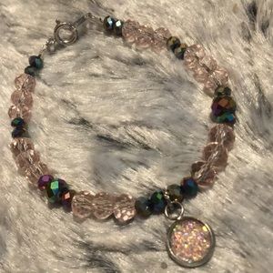 Pink Druzy charm bracelet w/ cut faceted glass